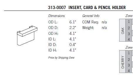 Sauder Catalog, Item 313-0007, Insert Card & Pencil Holder